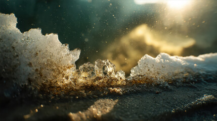 Fototapeta premium Image captures texture of foam and water, showcasing intricate details of nature beauty. sunlight enhances scene, creating serene atmosphere
