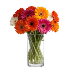 Fototapeta premium A colorful bouquet of gerbera daisies arranged in a clear glass vase, perfect for conveying joy and happiness isolated on a transparent background in PNG format.
