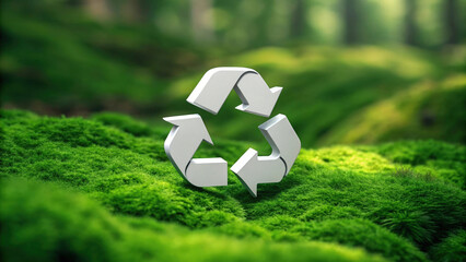 Recycling Symbol on Mossy Ground Emphasizing Environmental Conservation and Sustainable Practices