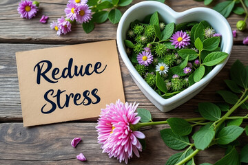 Reduce Stress Concept with Flowers and Greenery in Heart Shaped Bowl on Wooden Table for Relaxation