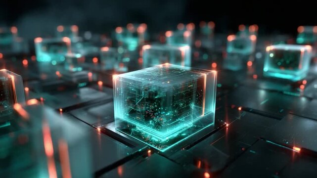 Cybernetic Cube: A futuristic tableau of transparent, glowing cybernetic cubes, each an intricate matrix of circuits and energy, forming a complex network on a sleek, technological surface.