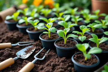 Seedlings in Pots Ready for Planting A Collection of Young Plants with Gardening Tools Nearby