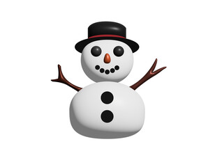 3D classic snowman made from two large snowballs icon, arms, top hat, carrot nose, coal eyes