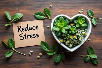 Reduce Stress Concept with Heart Shaped Succulent Planter and Message Card on Wooden Tabletop for Wellness