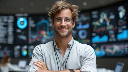 Tech Expert: A focused individual with a warm smile poses confidently, arms crossed in front of a futuristic digital interface filled with intricate data. Capturing innovation - Powered by Adobe