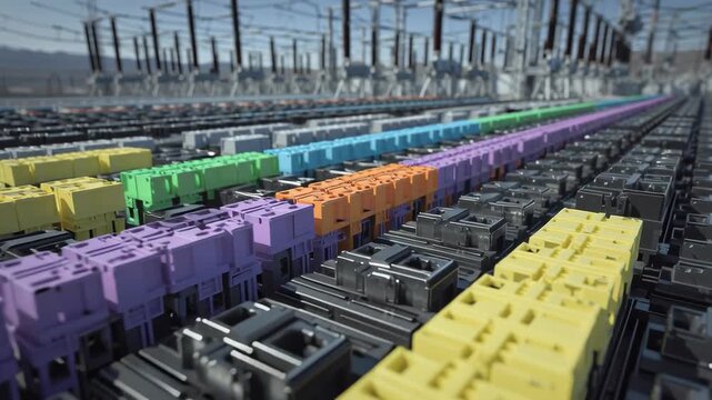 Hybrid electrical power substation with colorful hybrid energy system components and outdoor connectors arranged rows showcasing advanced system