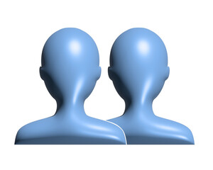 Blue silhouette heads of two people 3D icon, represent users