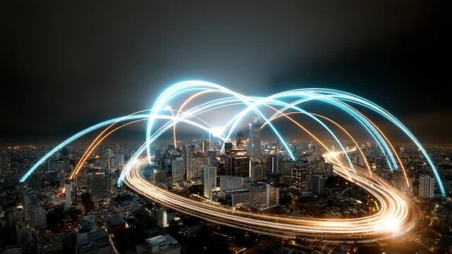 Connected Metropolis: An illuminated cityscape at night, interconnected by flowing lines of light. Symbolizing modern network technology and global communication. 