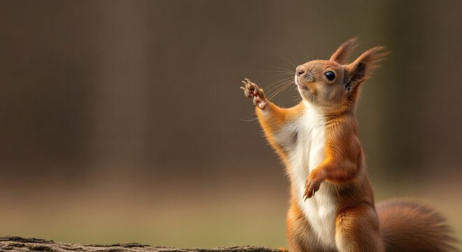 A red squirrel stands on its hind legs, reaching up with one paw in a gesture against a blurred brown background.