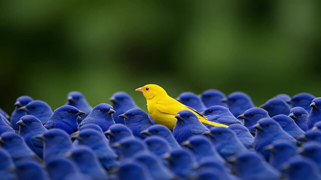 A Single Yellow Bird Amidst a Flock of Blues