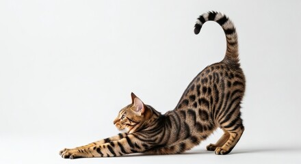A graceful Bengal cat stretches its body, arching its back, against a plain white background.