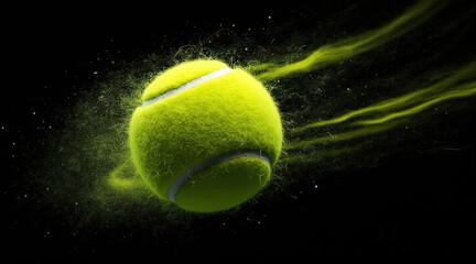 Tennis Ball with Dynamic Trail A Vibrant Depiction of Speed and Impact on a Dark Background in Studio Shot
