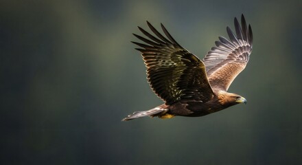 Obraz premium Golden eagle soaring gracefully through a blurred forest backdrop.