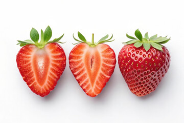 Three Fresh Strawberries Displayed on White Background Showcasing Vibrant Color and Natural Texture