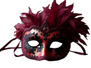 Ornate red masquerade mask with black lace and feathers isolated on a transparent background