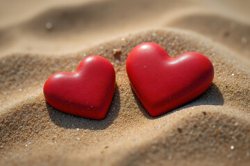 Two Red Hearts on Sandy Beach Symbolizing Affection and Connection in a Natural Coastal Environment