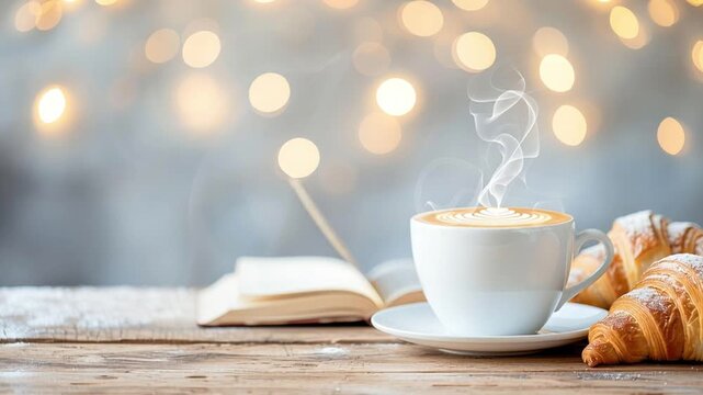 A steaming cup of latte art coffee on a wooden table with croissants and a book in the background