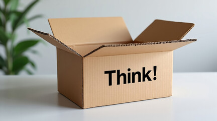 Unleash Your Potential Think Outside the Box Concept Cardboard Container on White Table with Green Plant