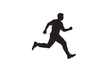 Silhouette of a man running or leaping forward with energy and determination against a white background conveying movement action and a sense of urgency Art & Illustration