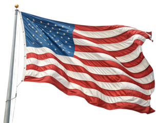 A waving american flag on a flagpole with red and white stripes and blue field with white stars