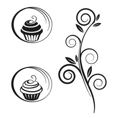 Black cupcake and floral swirl designs vector