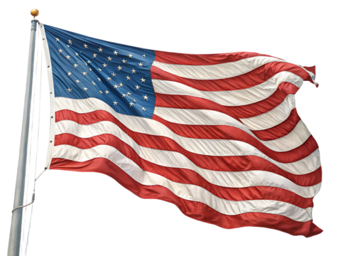 A waving american flag on a flagpole with red and white stripes and blue field with white stars