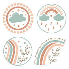Boho Rainbow Cloud and Floral Icons pastel