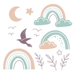 Boho Rainbows Clouds Moon Star Bird Leaves vector