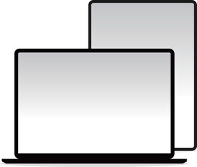 Laptop and tablet standing side by side on white background