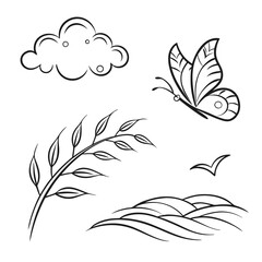 Butterfly plant cloud bird and waves leaves