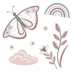 Butterfly rainbow cloud floral elements leaves
