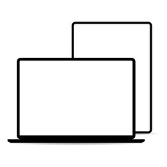 Laptop and tablet standing side by side on white background