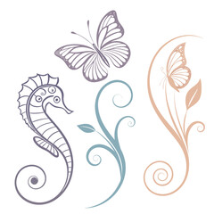 Delicate seahorse butterfly floral swirls vector