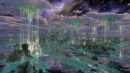 Fantasy Cityscape With Glowing Crystal Trees
