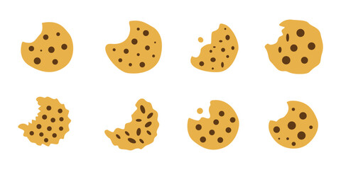 Chocolate Chip Cookie Icons with Bite Marks on White Background for Design