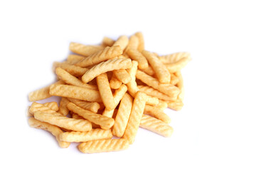 Crispy shrimp stick crackers , isolated on white background.Popular Asian snack known for its crunch and savory seafood flavor. Perfect for parties, kids, or casual snacking.      