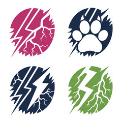 Four circular icons with abstract designs magenta navy