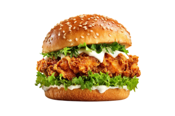 Crispy chicken burger isolated on transparent background