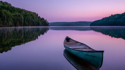 Serene canoe on a still Ontario lake at twilight. Peaceful pastel sky reflecting on calm water.