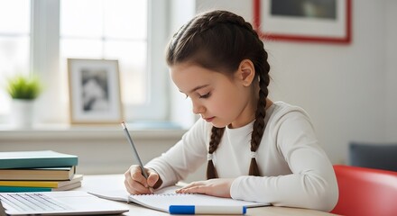 A young girl with braided hair sits at a desk, focused on writing in her notebook with a pencil, surrounded by books and a laptop