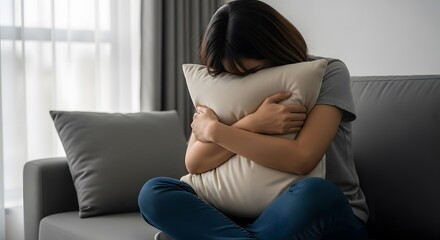 A young woman sits on a sofa, hugging a pillow tightly to her chest with her face buried in it, expressing deep sadness and emotional distress