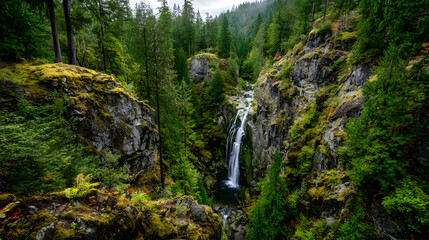 Serene waterfall cascading through a lush British Columbia rainforest with atmospheric mist. Natural Pacific Northwest beauty.