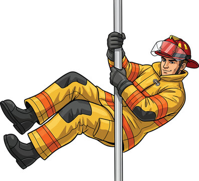 A smiling firefighter in full gear sliding down a shiny metal pole with confidence.
