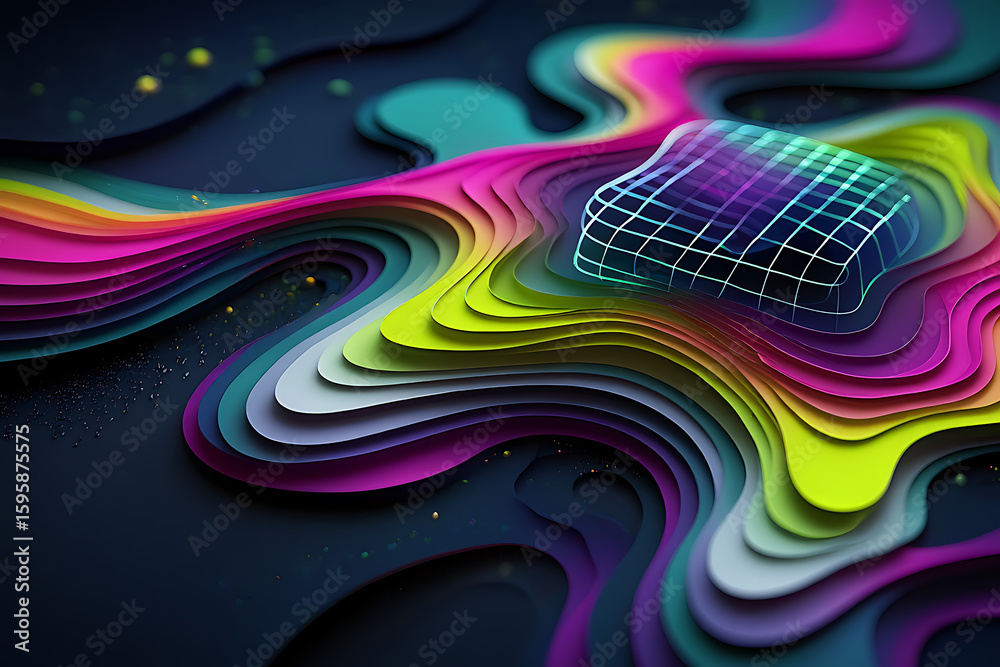 Fototapete a vibrant and colorful abstract background features layered topographic shapes with a glowing grid e