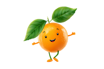 Happy cartoon orange with leaves isolated on transparent background