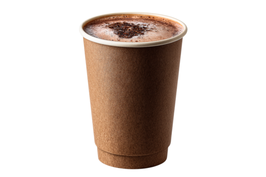 Hot chocolate in a disposable cup isolated on transparent background