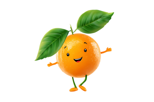 Happy cartoon orange with leaves isolated on transparent background