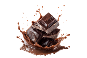 Dark chocolate bar splashing in chocolate sauce isolated on transparent background