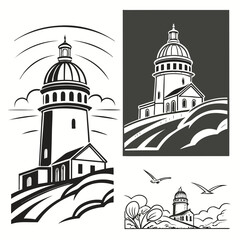 Lighthouse building with dome and seagulls architecture