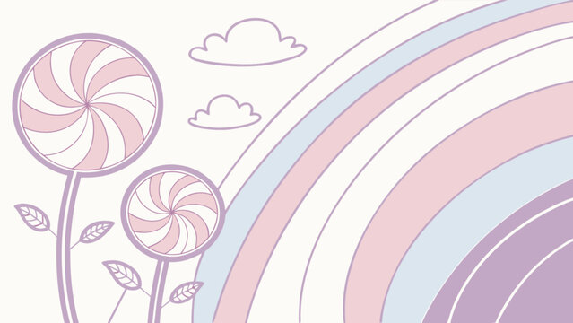 Pastel rainbow candy land vector illustration with lollipops and clouds for kids room decor design art